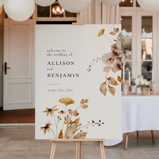 Elegant Modern Woodland Fall Floral Wedding Sign ポスター