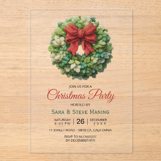 Elegant modern wreath christmas party アクリル招待状 (正面)
