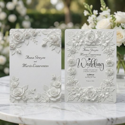 Elegant Monochromatic Off White Rose 招待状