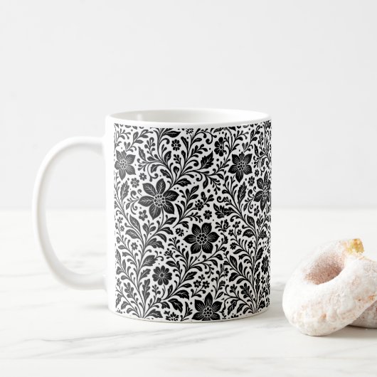 Elegant Monochrome Floral Batik Mug Coffee Cup コーヒーマグカップ (ドーナツ)