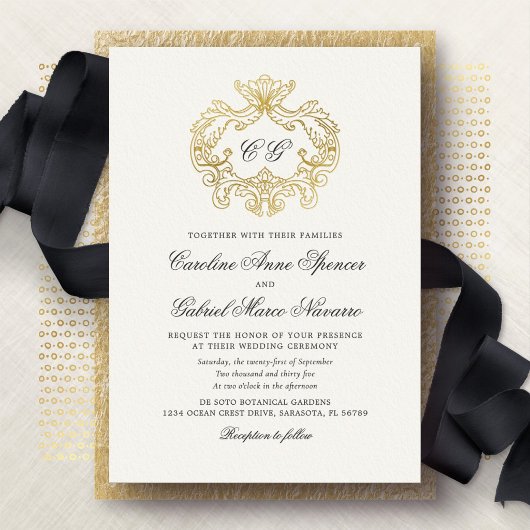 Elegant Monogram Baroque Crest Wedding 箔招待状