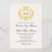 Elegant Monogram Baroque Crest Wedding 箔招待状 (正面)