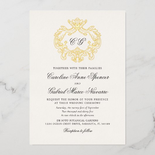 Elegant Monogram Baroque Crest Wedding 箔招待状 (正面)