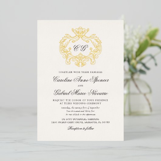 Elegant Monogram Baroque Crest Wedding 箔招待状 (立ち正面)