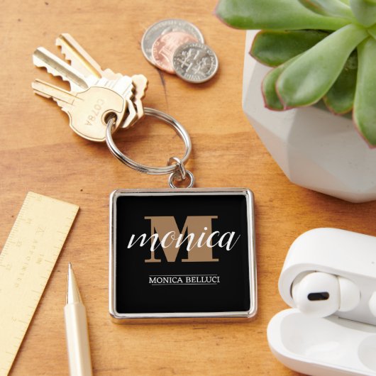 Elegant Monogram Black Gold Script minimal キーホルダー (デスク)