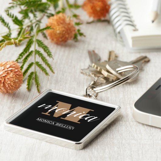 Elegant Monogram Black Gold Script minimal キーホルダー (側面)