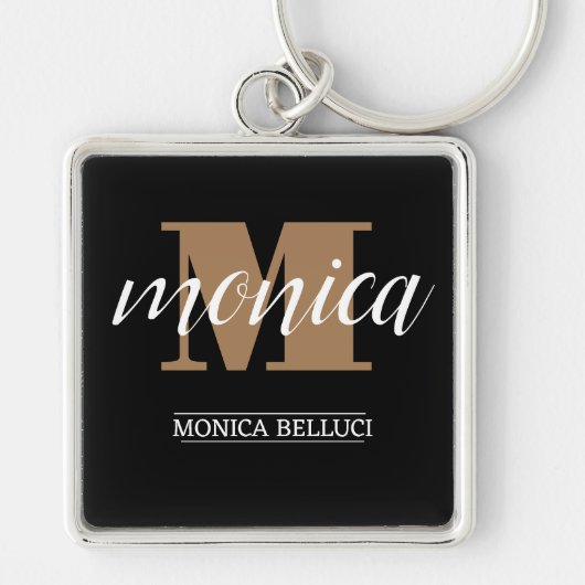 Elegant Monogram Black Gold Script minimal キーホルダー (正面)