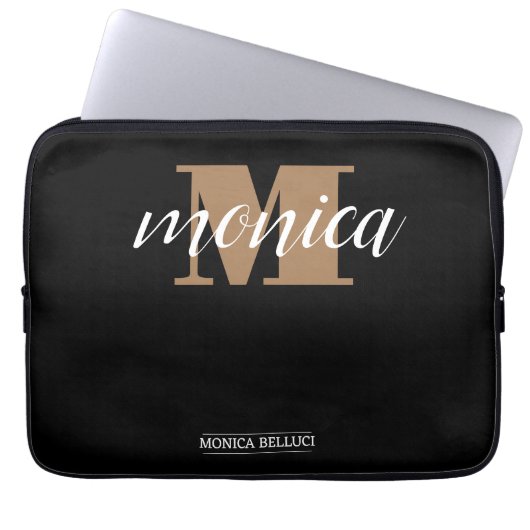 Elegant Monogram Black Gold Script minimal ラップトップスリーブ (正面)