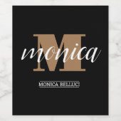 Elegant Monogram Black Gold Script minimal ワインラベル (シングルラベル)