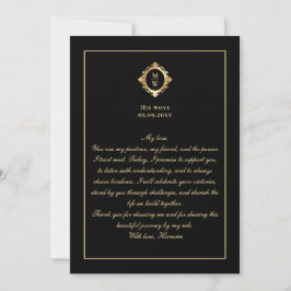 Elegant Monogram Black Gold Wedding Vow Card 招待状