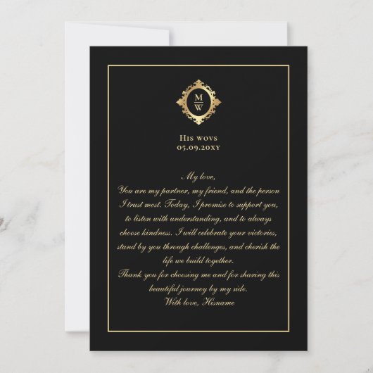 Elegant Monogram Black Gold Wedding Vow Card 招待状 (正面)