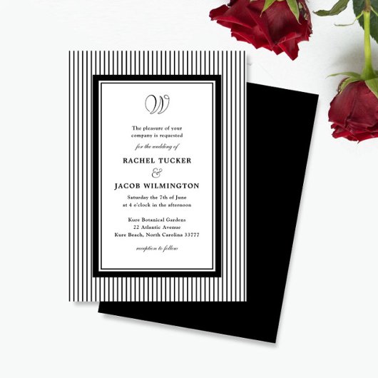 Elegant Monogram Black & White Striped Wedding 招待状