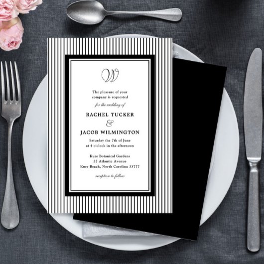 Elegant Monogram Black & White Striped Wedding 招待状