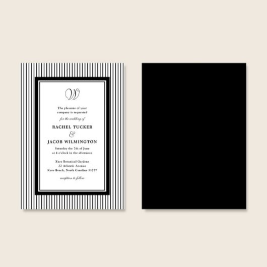 Elegant Monogram Black & White Striped Wedding 招待状