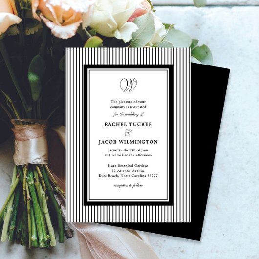 Elegant Monogram Black & White Striped Wedding 招待状