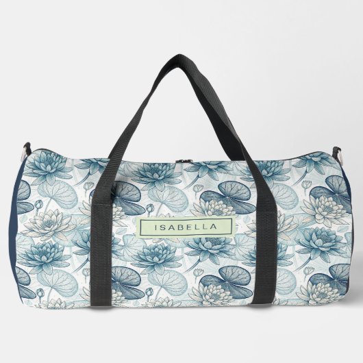 Elegant Monogram Blue Water Lily and Lotus ダッフルバッグ (正面)