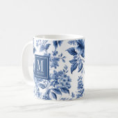 Elegant Monogram Blue White Floral Rose コーヒーマグカップ (正面左)