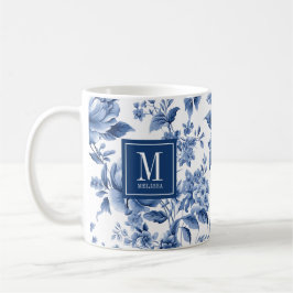 Elegant Monogram Blue White Floral Rose コーヒーマグカップ