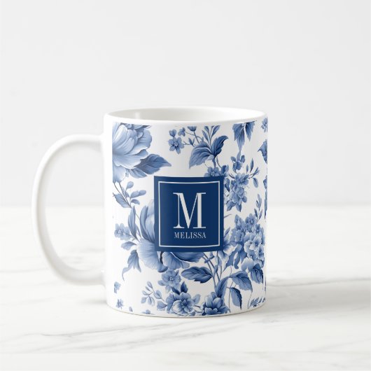 Elegant Monogram Blue White Floral Rose コーヒーマグカップ (左)