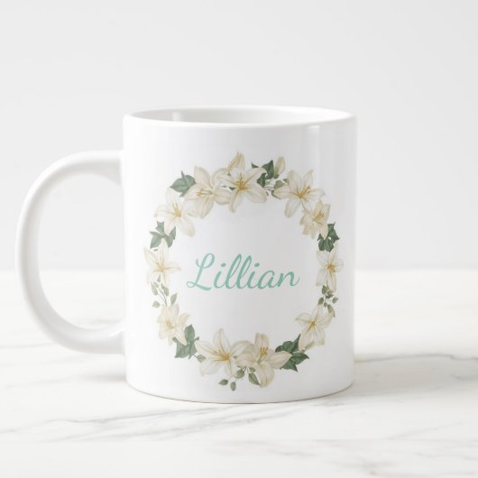 Elegant Monogram Botanical Lily Design   ジャンボコーヒーマグカップ (左)