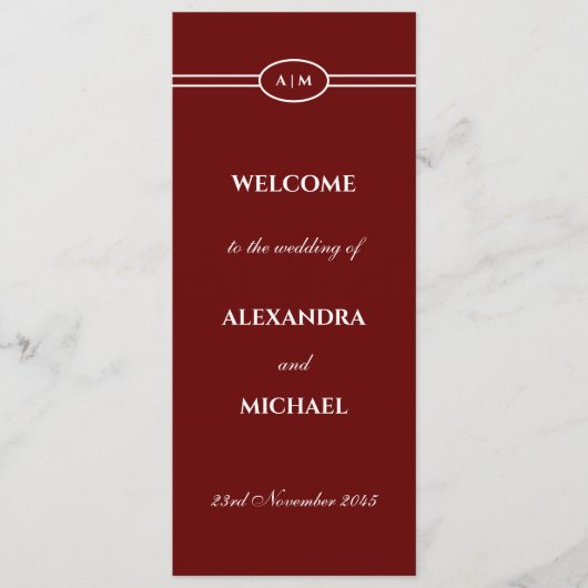 Elegant Monogram Burgundy Wedding Program プログラム (正面)
