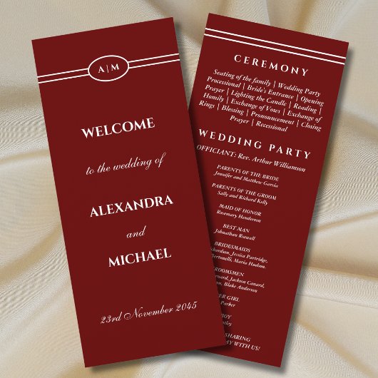 Elegant Monogram Burgundy Wedding Program プログラム