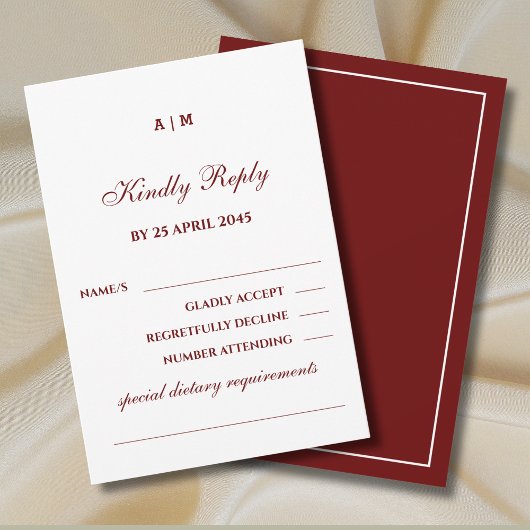 Elegant Monogram Burgundy Wedding RSVP Card 