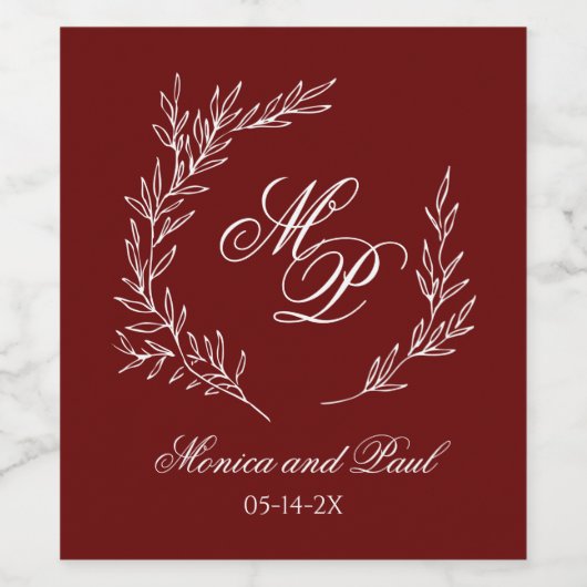 Elegant Monogram burgundy wine label ワインラベル (シングルラベル)