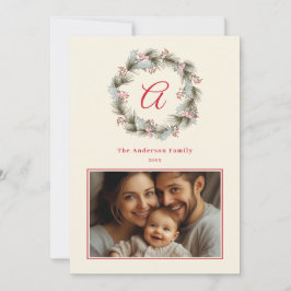 Elegant Monogram Christmas Wreath Family Photo シーズンカード