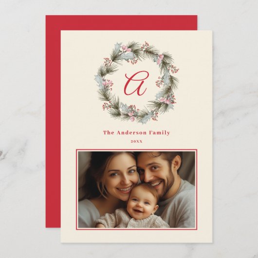 Elegant Monogram Christmas Wreath Family Photo シーズンカード (正面/裏面)