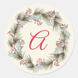 Elegant Monogram Christmas Wreath Family Photo ラウンドシール