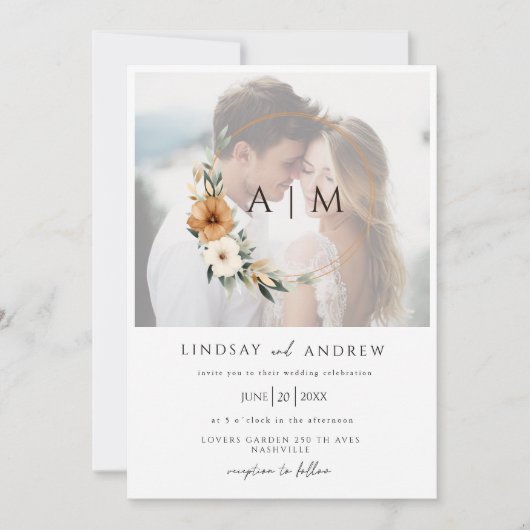 Elegant Monogram Copper Earthy Botanical Photo 招待状 (正面)