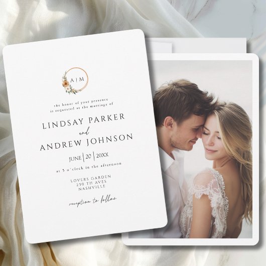 Elegant Monogram Copper Earthy Botanical Photo 招待状