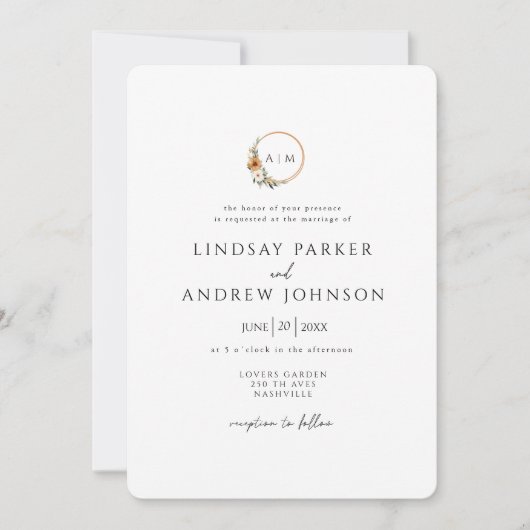 Elegant Monogram Copper Earthy Botanical Wedding 招待状 (正面)
