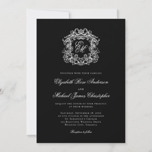 Elegant Monogram Crest Black Wedding 招待状 (正面)