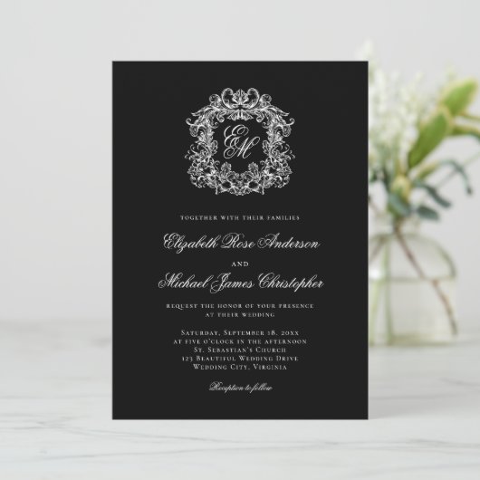 Elegant Monogram Crest Black Wedding 招待状 (スタンド正面)