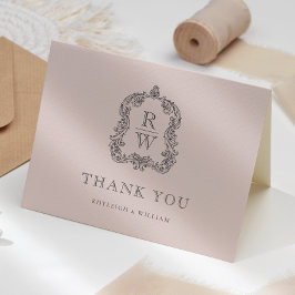 Elegant Monogram Crest Blush Pink Wedding サンキューカード