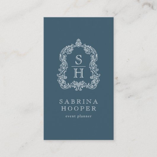 Elegant Monogram Crest Event Planner Indigo 名刺 (正面)