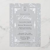 Elegant Monogram Crest Gray Silver Frame Wedding  箔招待状 (正面)