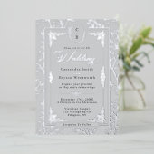 Elegant Monogram Crest Gray Silver Frame Wedding  箔招待状 (立ち正面)