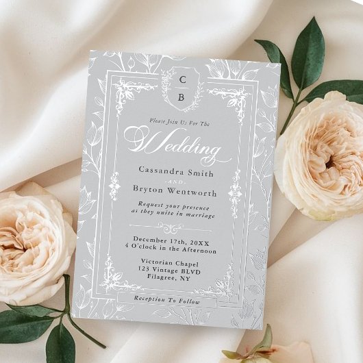 Elegant Monogram Crest Gray Silver Frame Wedding  箔招待状