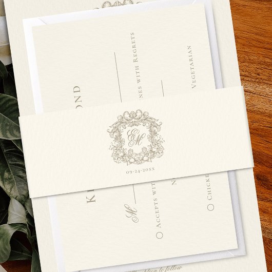 Elegant Monogram Crest Ivory Wedding  招待状ベリーバンド