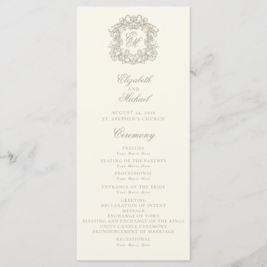 Elegant Monogram Crest Ivory Wedding Program プログラム (正面)