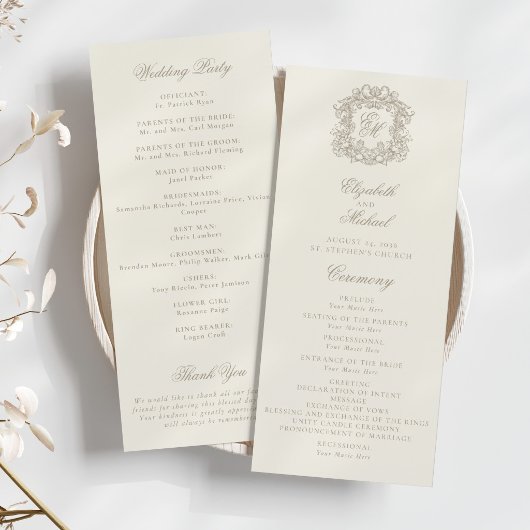 Elegant Monogram Crest Ivory Wedding Program プログラム