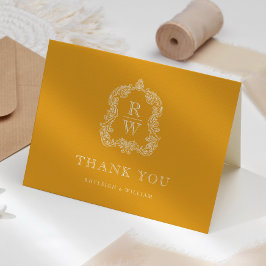 Elegant Monogram Crest Marigold Yellow Wedding サンキューカード