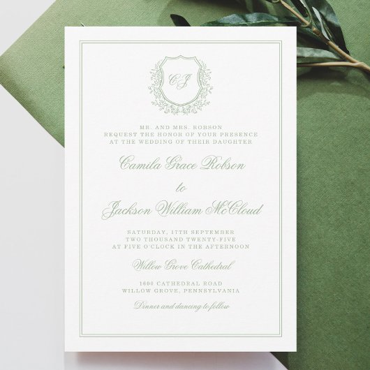 Elegant Monogram Crest Sage Green Wedding 招待状