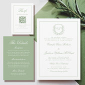 Elegant Monogram Crest Sage Green Wedding 招待状
