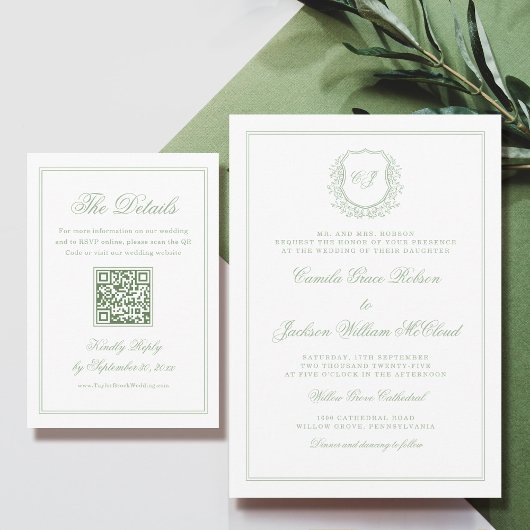 Elegant Monogram Crest Sage Green Wedding 招待状