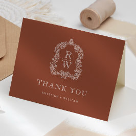 Elegant Monogram Crest Terracotta Wedding サンキューカード