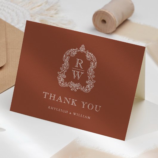 Elegant Monogram Crest Terracotta Wedding サンキューカード